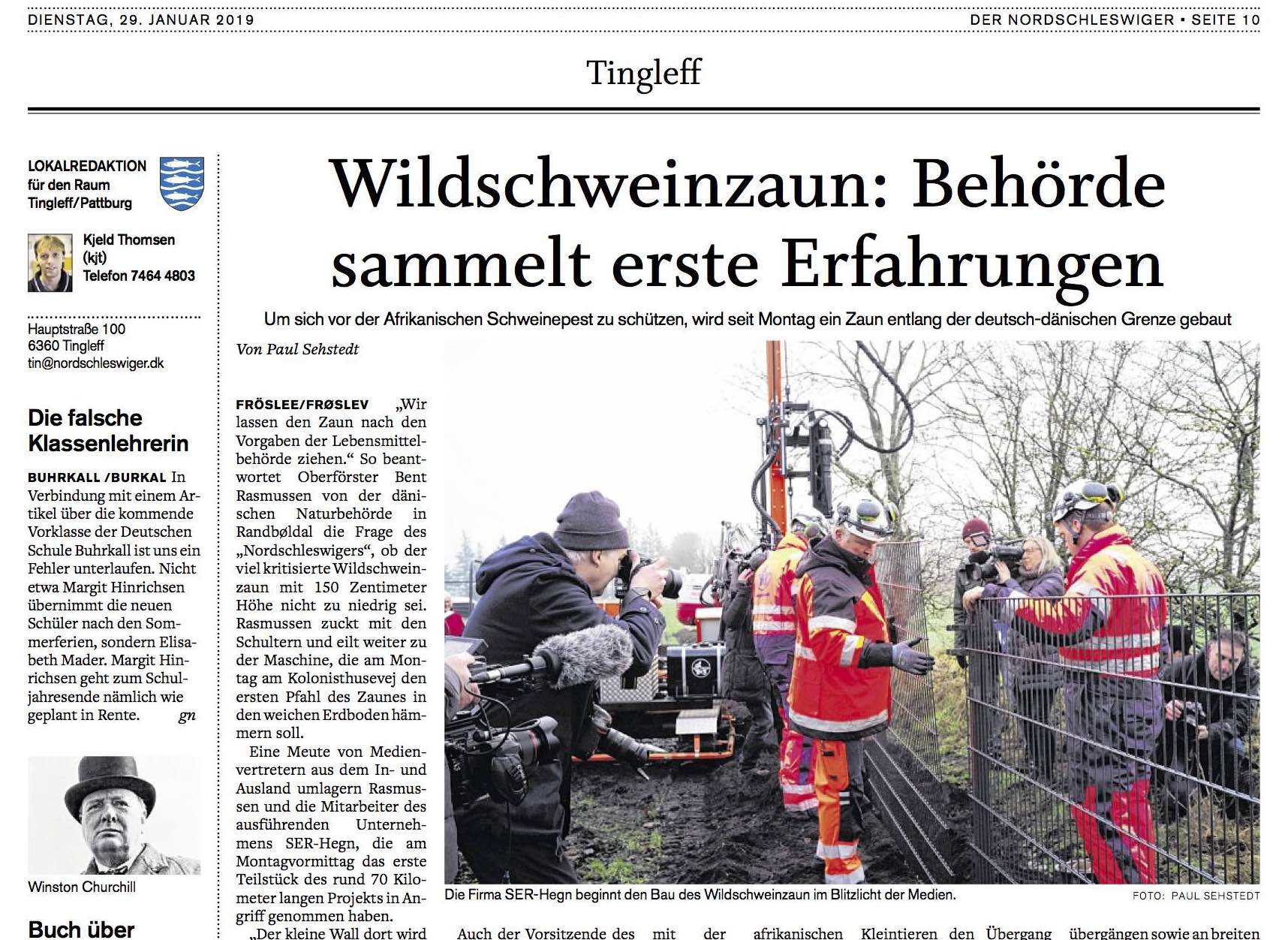 Die Zeitung Der Nordschleswiger berichtete über den Bau des Wildschweinzauns an der deutsch-dänischen Grenze.
