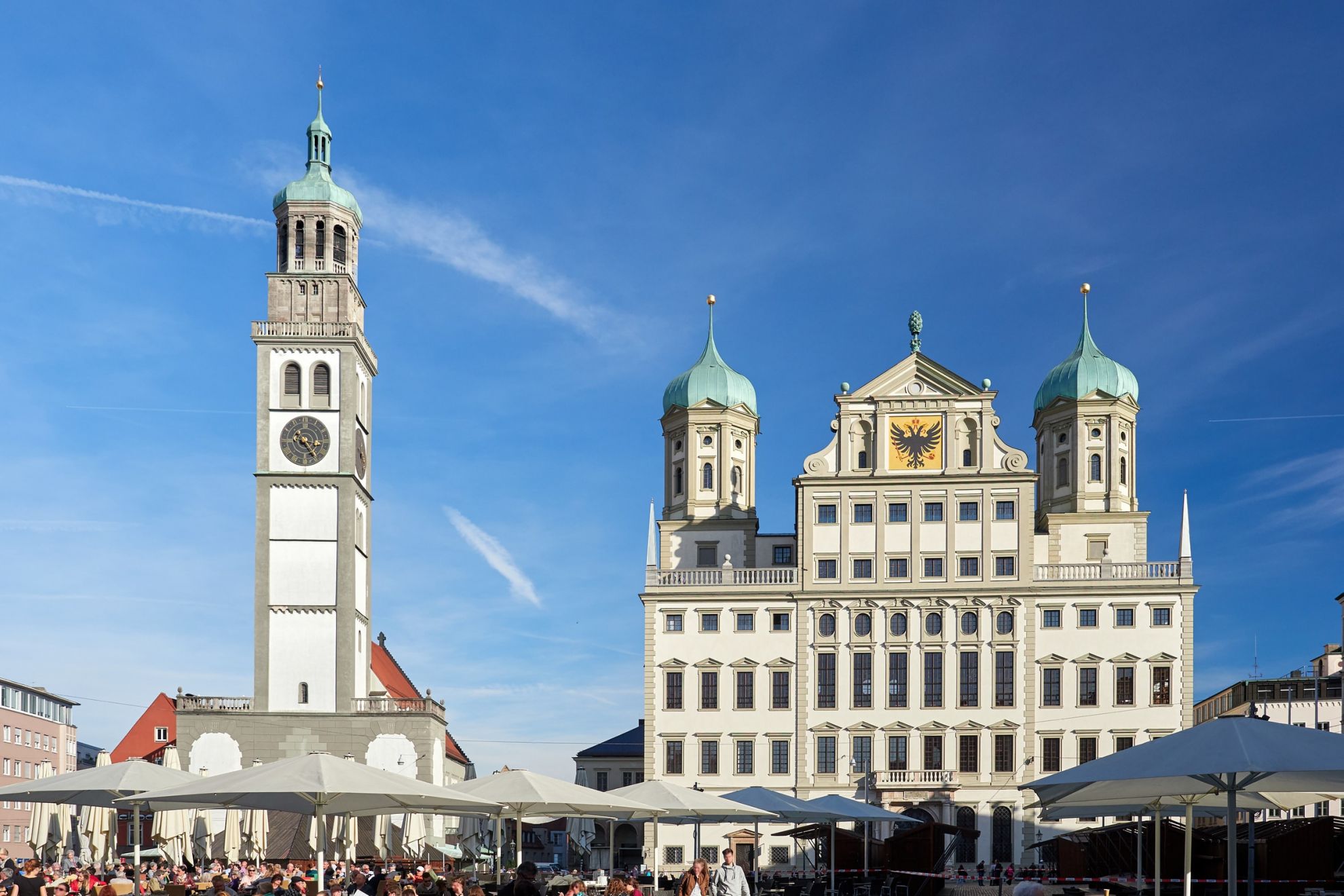 Augsburg – Perlachturm und Rathaus.