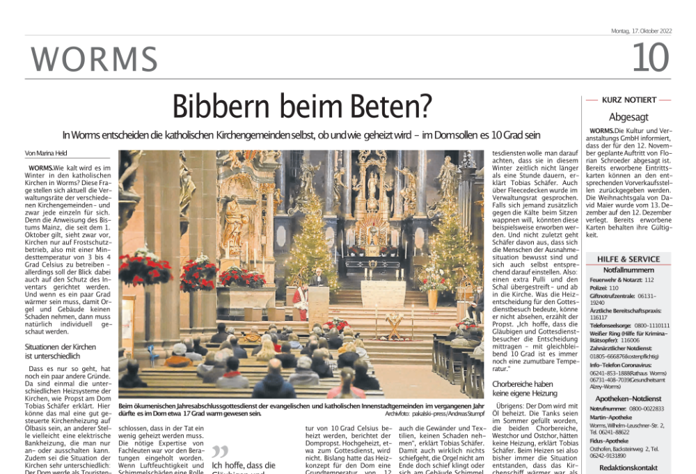 Viel diskutiert ist das Heizen in den eigenen vier Wänden. Wie es mit der Raumtemperatur in Kirchen aussieht, hat die Wormser Zeitung im Blick. (Archivfoto: pakalski-press/Andreas Stumpf)