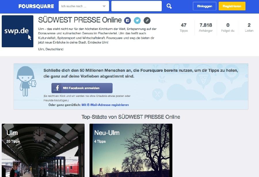 Screenshot der Foursquare-Seite von SWP