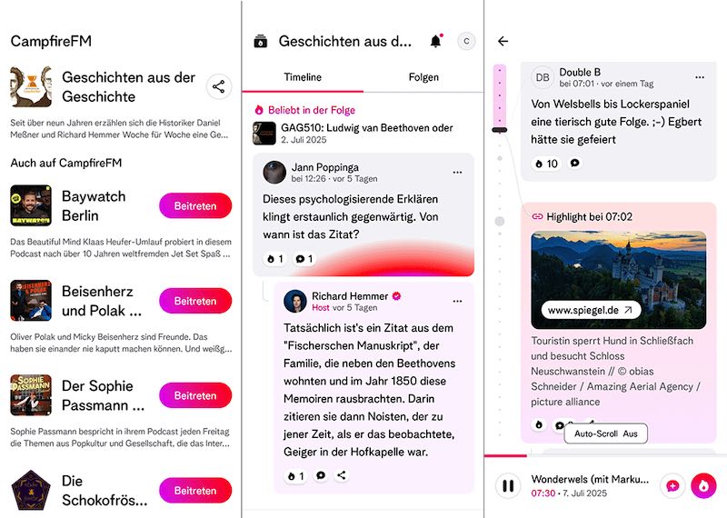 Start, Timeline und Kommentare auf Campfire FM