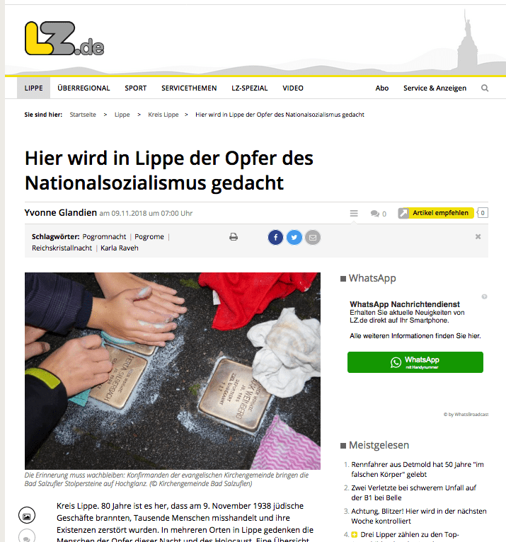 Die Lippische Landeszeitung zeigt übersichtlich, an welchen Stellen im Verbreitungsgebiet Stolpersteine verlegt worden sind. (Screenshot)