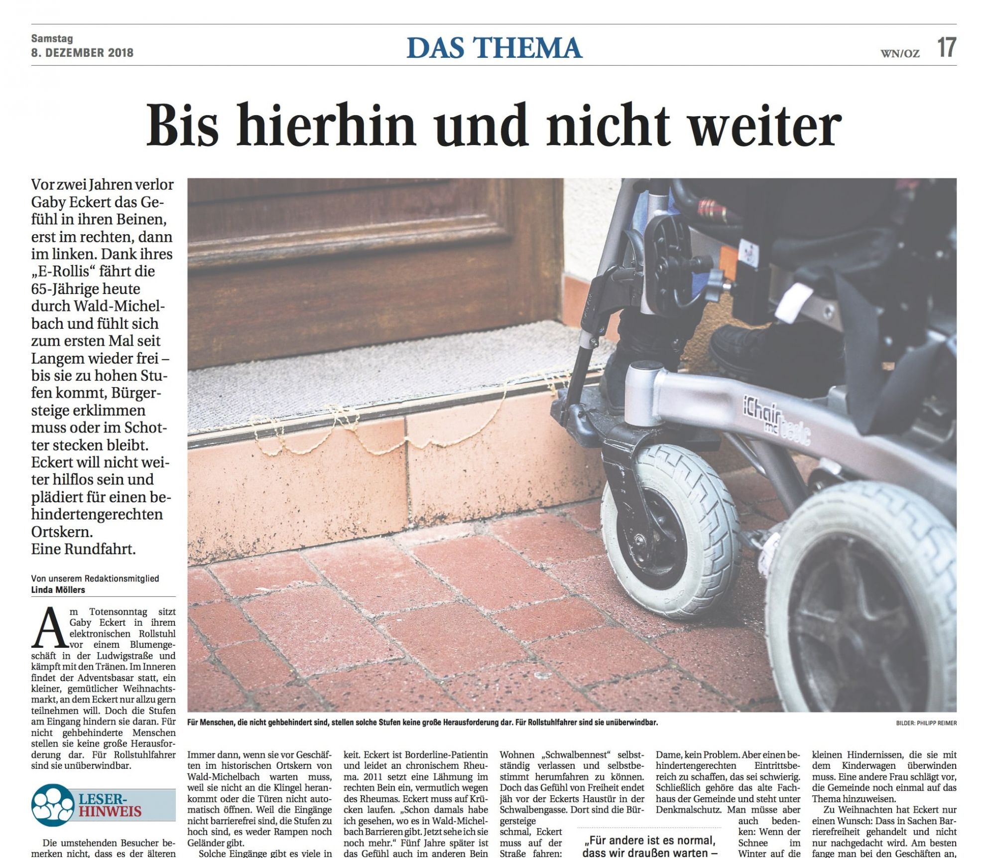 Die Weinheimer Nachrichten/Odenwälder Zeitung zeigt, wie es Menschen mit Gehbehinderung in der Stadt geht.