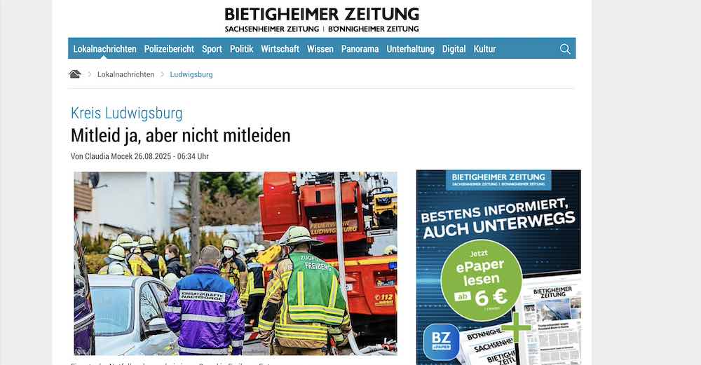 Auch Helfer brauchen Hilfe, wie die Bietigheimer Zeitung berichtet (Screenshot aus der Bietigheimer Zeitung).