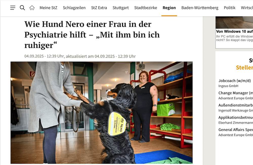 Gib Pfötchen: Ein Therapiebegleithund unterstützt psychisch Erkrankte, die Stuttgarter Zeitung berichtet darüber. (Screenshot der Stuttgarter Zeitung)