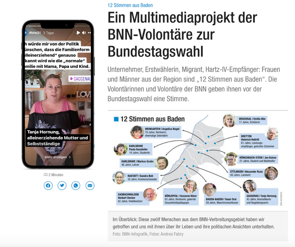 Ganz nah dran: Die Volontäre der BNN interviewen für ihr Multimediaprojekt einige Wählerinnen und Wähler. (Screenshot @badische_neueste_nachrichten)