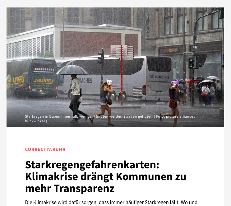 Correctiv hat Starkregenkarten vorgestellt. (Screenshot Correctiv)