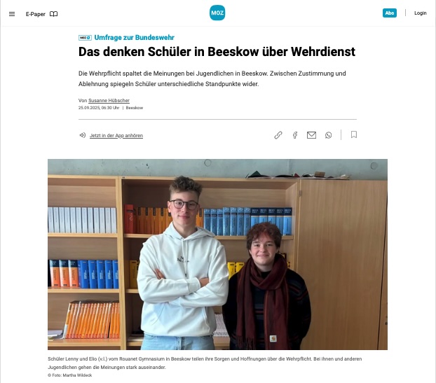 Eine Redakteurin möchte in der Wehrpflicht-Debatte jungen Menschen eine Stimme geben. (Foto: Screenshot Märkische Oderzeitung)