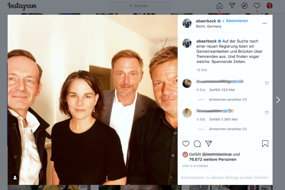 Nach den gemeinsamen Gesprächen posteten Volker Wissing, Annalena Baerbock, Christian Lindner und Robert Habeck ein Selfie. (Screenshot: Instagram/@abaerbock))
