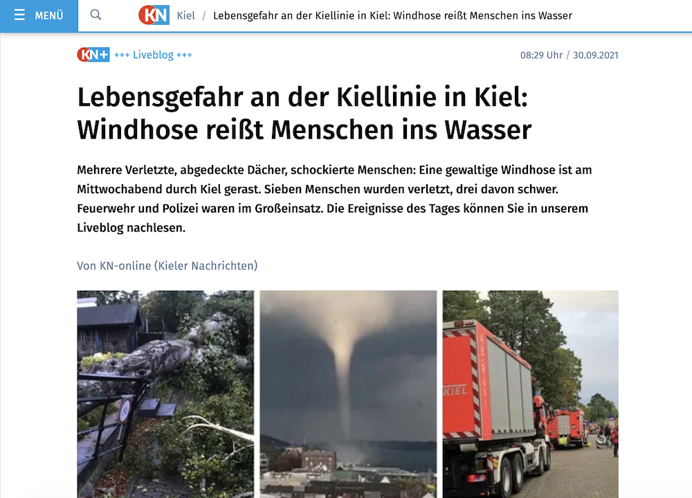 Die Kieler Nachrichten berichten über den Tornado. (Screenshot: www.kn-online.de)