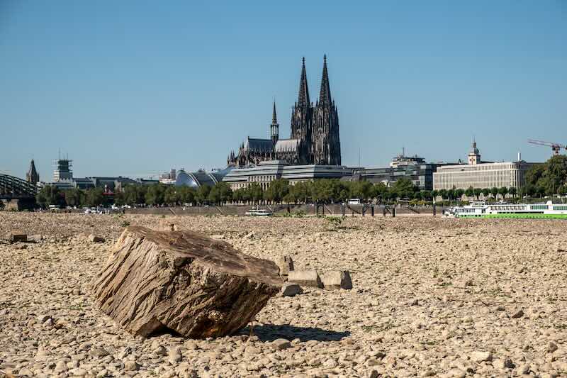 Ein ausgetrocknetes Flussbett am Rhein, im Hintergrund der Kölner Dom.