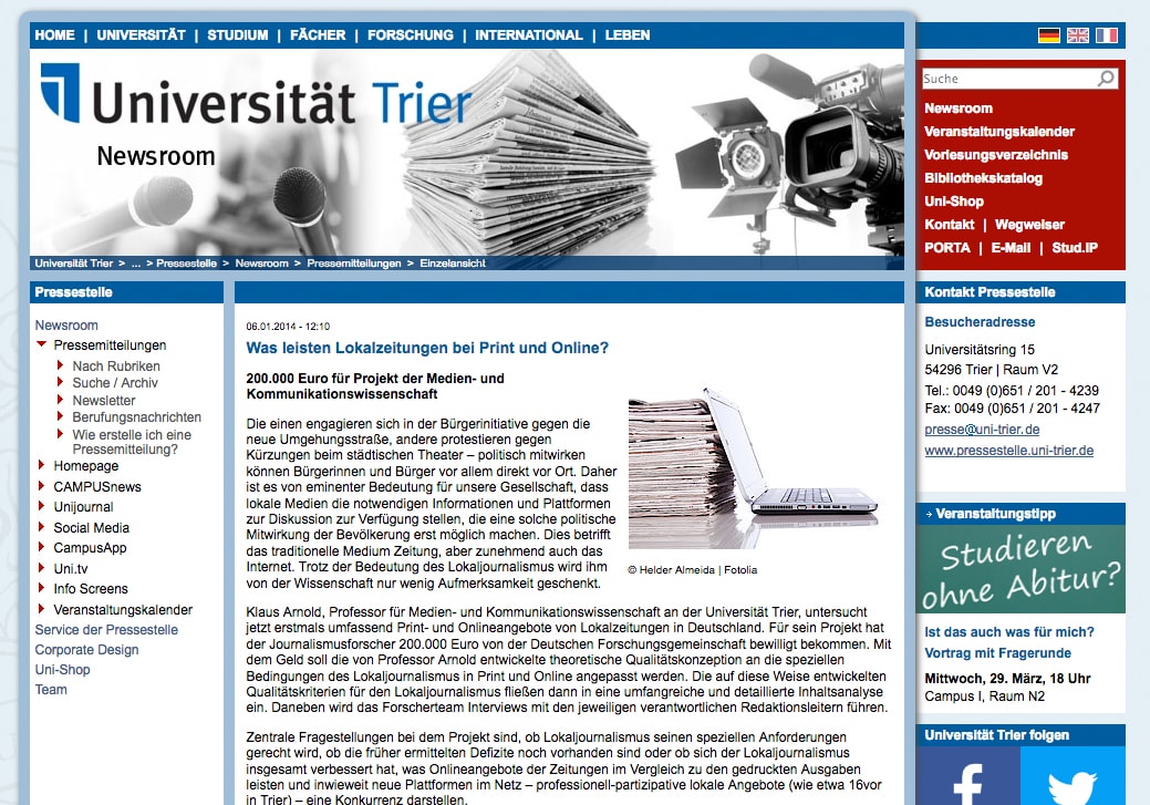 Screenshot der Uni Trier