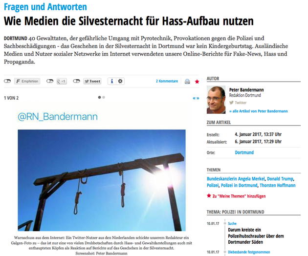 Screenshot der Ruhr Nachrichten mit Galgen-Post