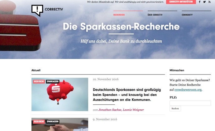 Screenshot der Sparkassen-Recherchen von Correctiv