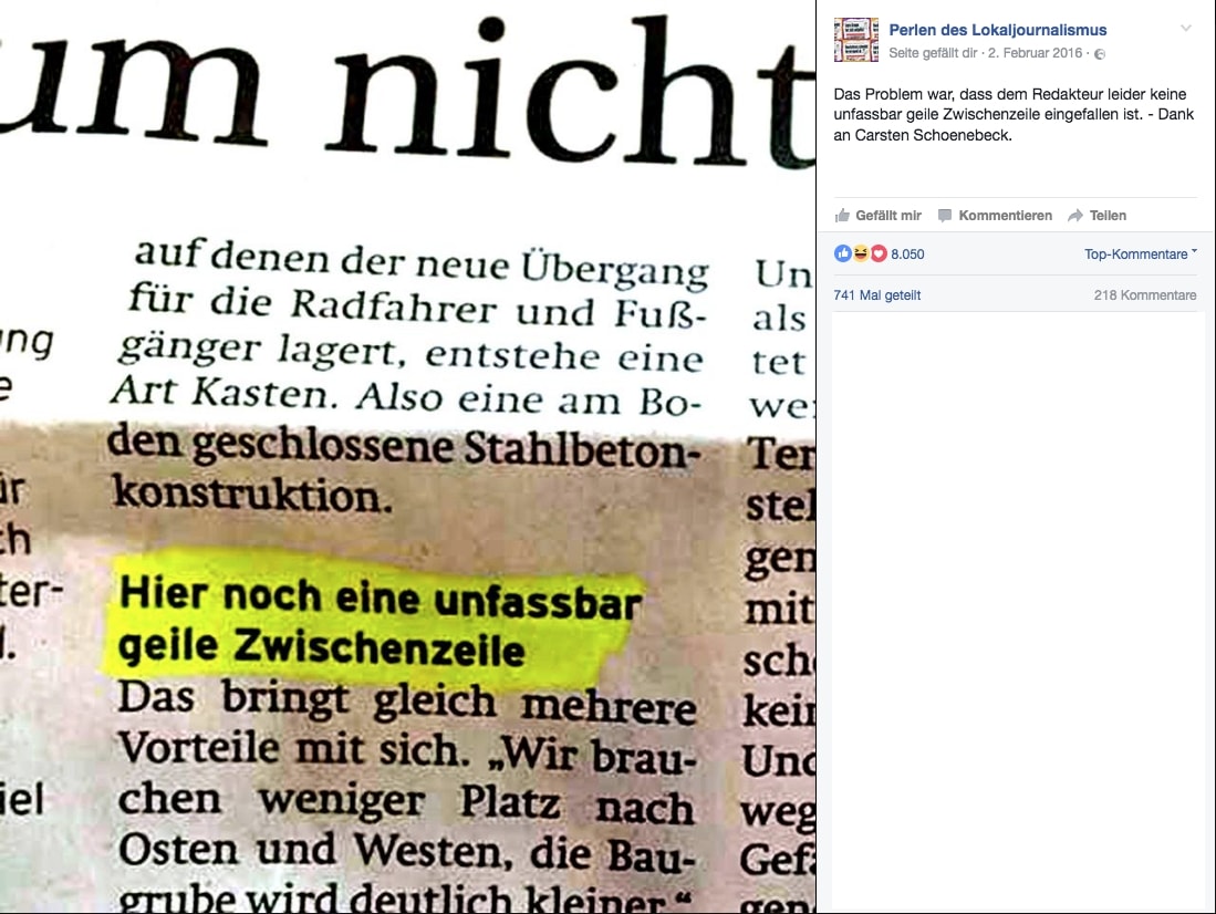 Facebookpost von den Perlen des Lokaljournalismus