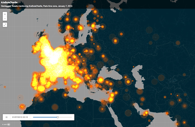 Interaktive Karte zum Hashtag "JeSuisCharlie"