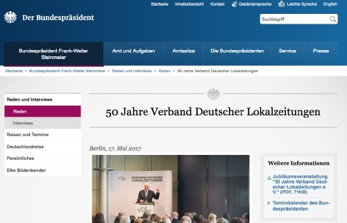 Screenshot der Webseite des Bundespräsidenten